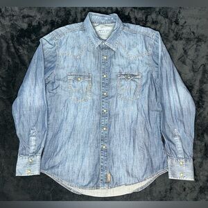 Wrangler Retro Premium Denim Jean Pearl Snap Western Button Up Shirt Mens Large